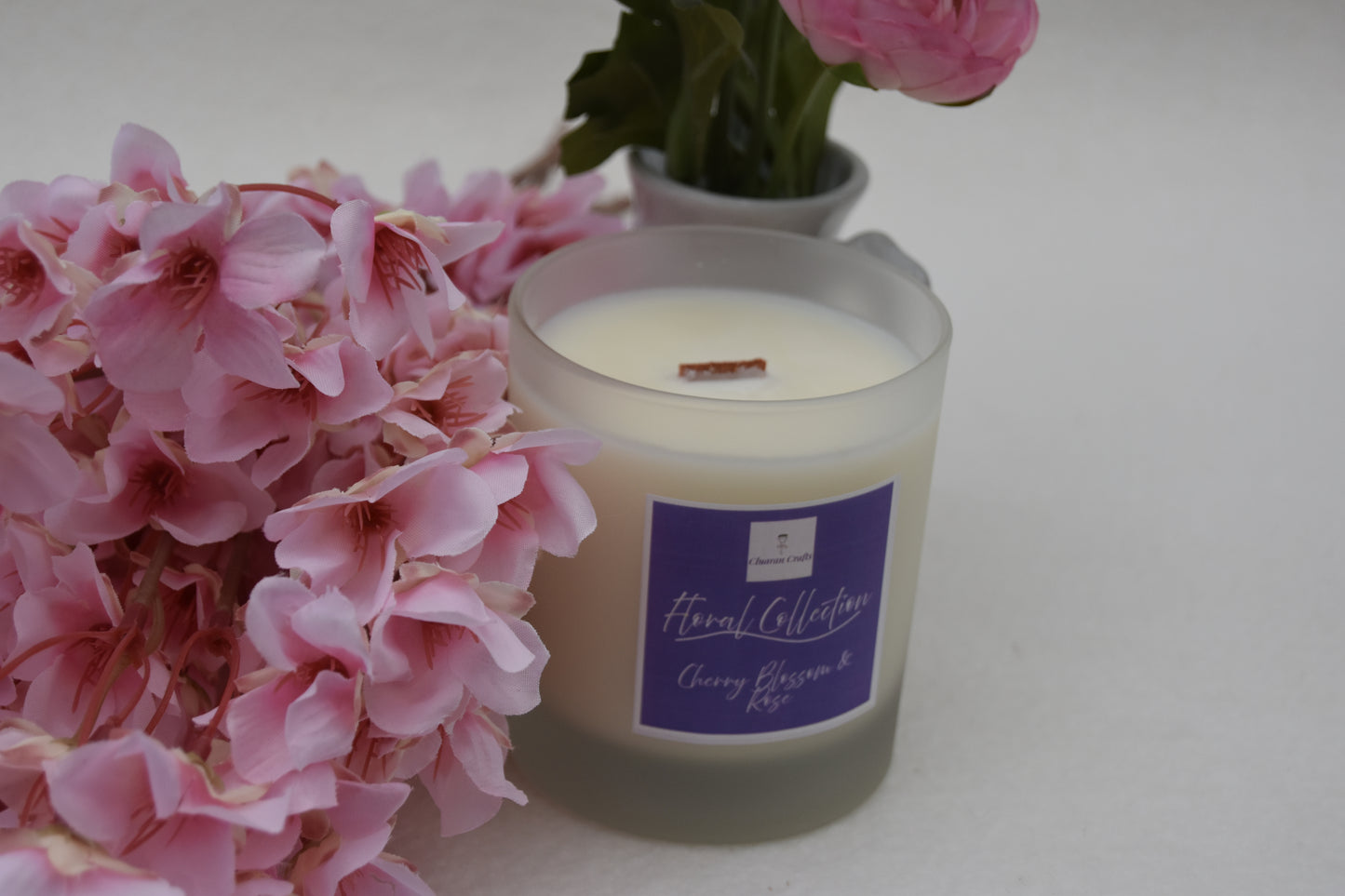 Cherry Blossom & Rose Soy Wax Candle, with Wooden Wick - Cluaran Crafts