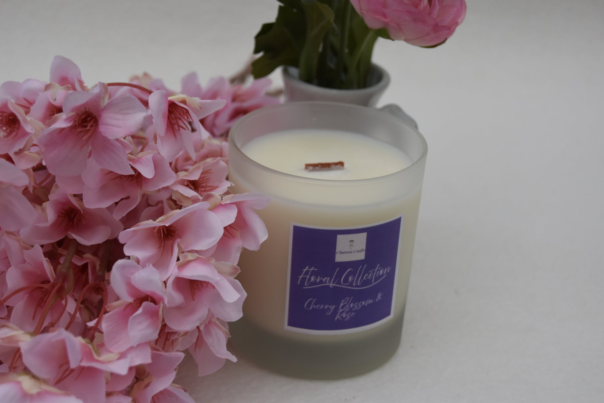 Cherry Blossom & Rose Soy Wax Candle, with Wooden Wick - Cluaran Crafts