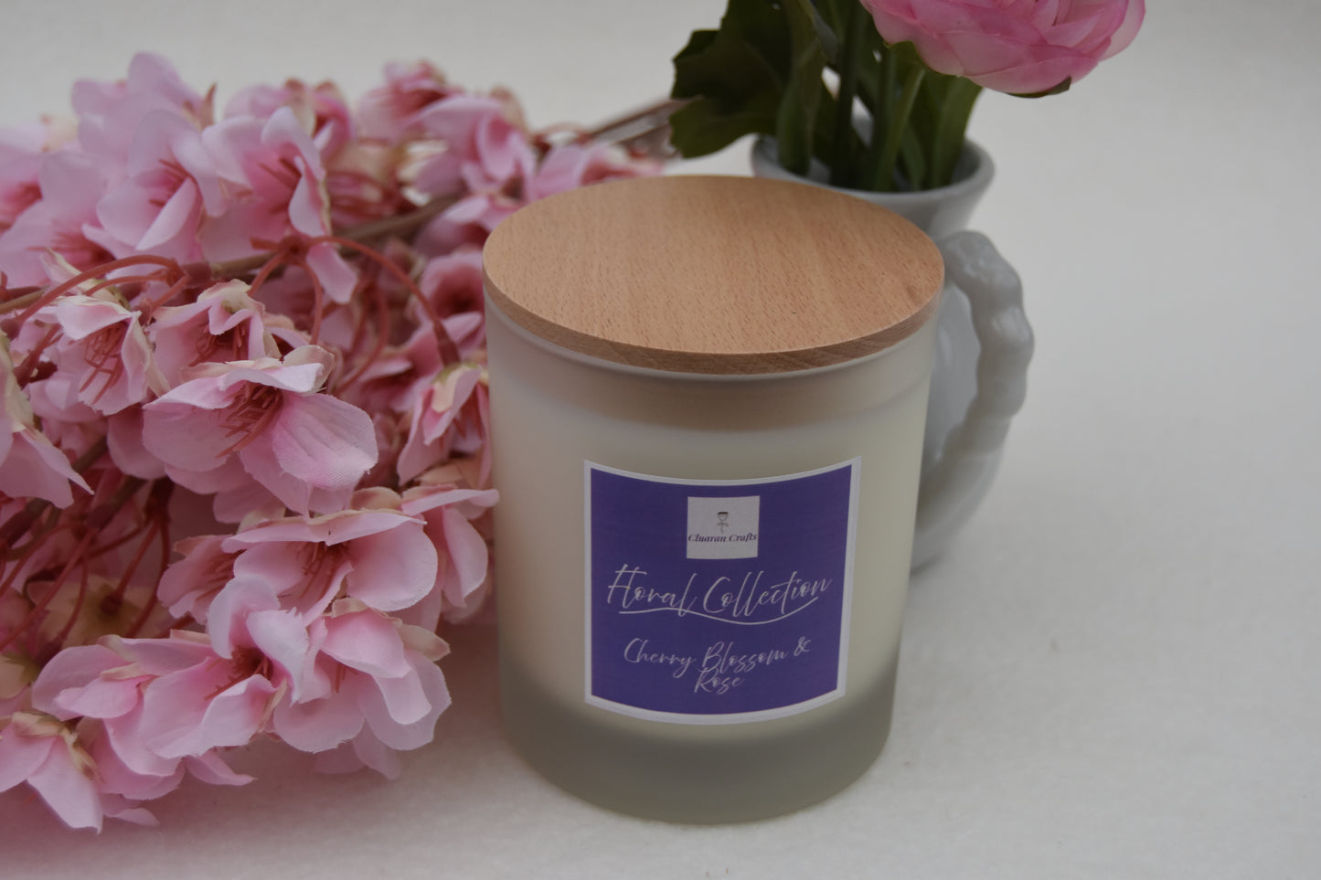 Cherry Blossom & Rose Soy Wax Candle, with Wooden Wick - Cluaran Crafts