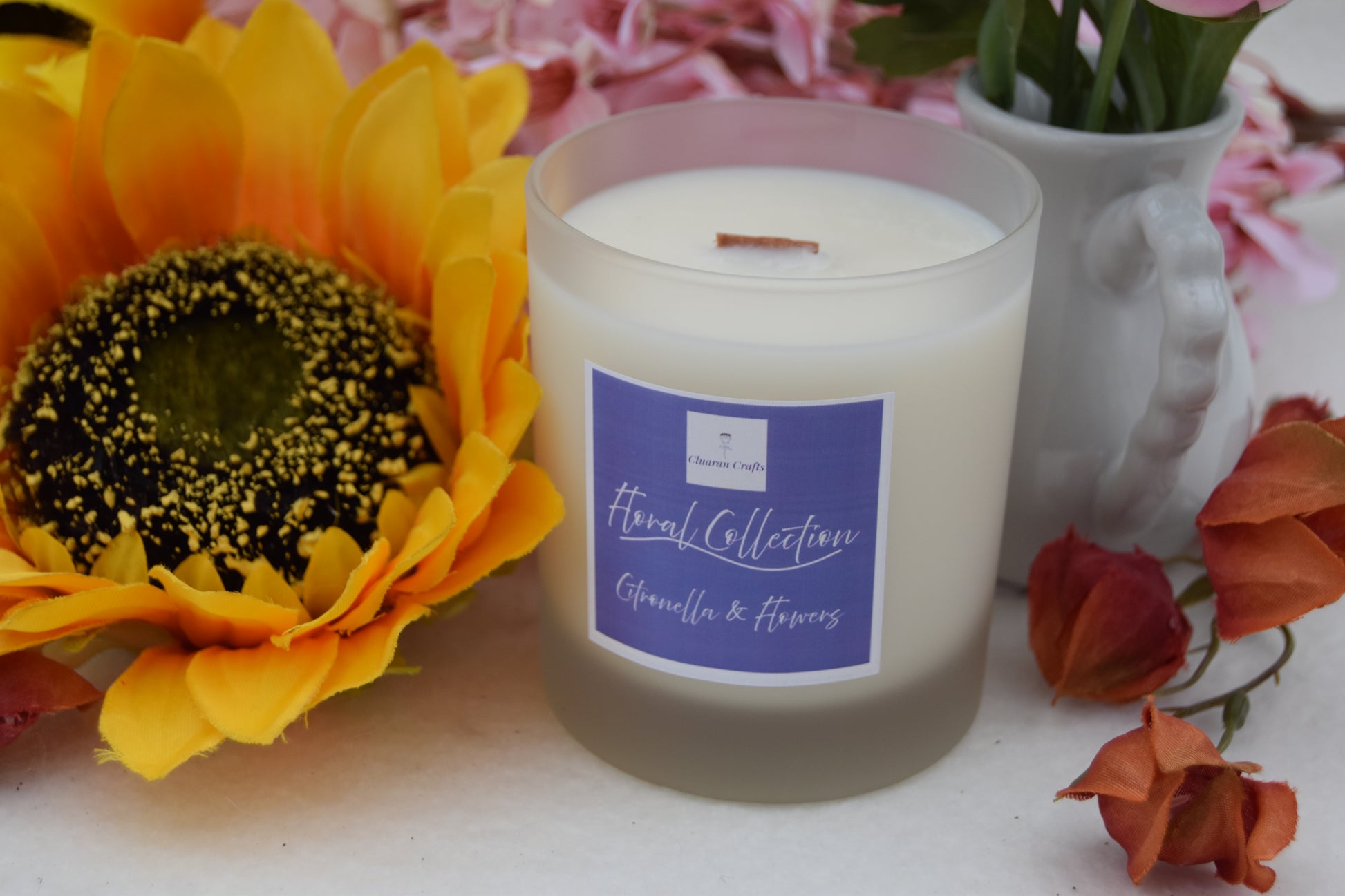 Citronella & Flowers Soy Wax Candle, with Wooden Wick - Cluaran Crafts