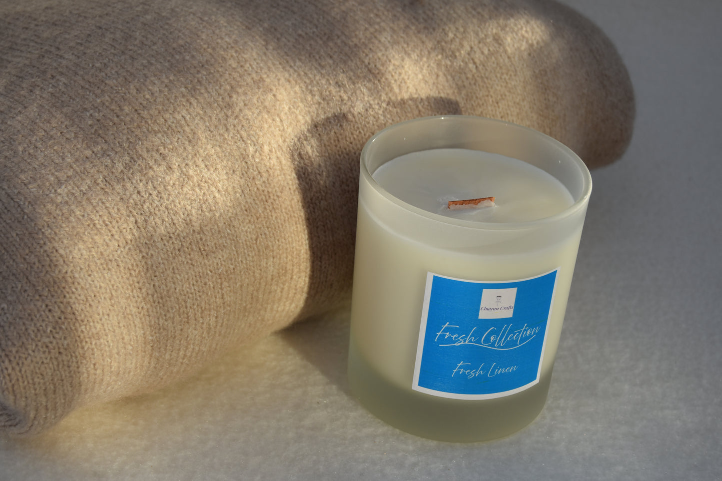 Fresh Linen Soy Wax Candle, with Wooden Wick - Cluaran Crafts